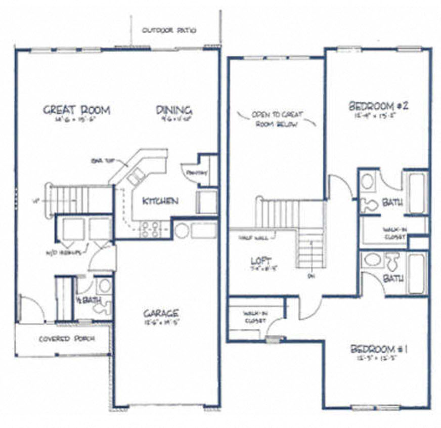 Floor plan for 2 beds, 2.5 baths, 1335 sqft